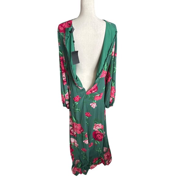 NWT Green Maxi Dress Pink Floral Print Sheer Long Sleeves Neckline Side Slit XL - Picture 5 of 8